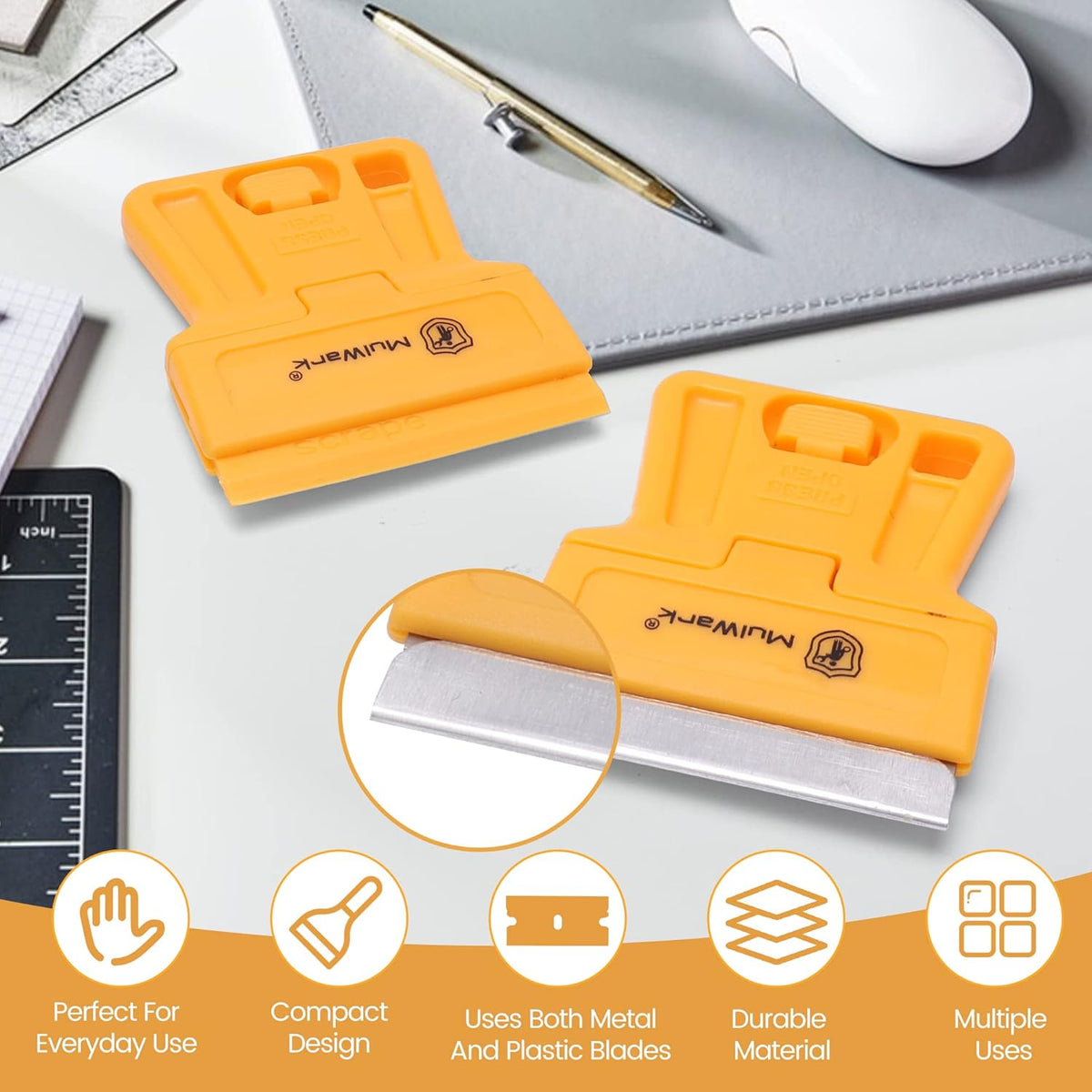 MulWark Razor Blade Tool Set, 8-Pack Mini Plastic Scrapers with 5 Plastic & 5 Metal Blades - Paint Remover, Window Cleaner, Glass Tool, Oven Cleaner, Blade Remover