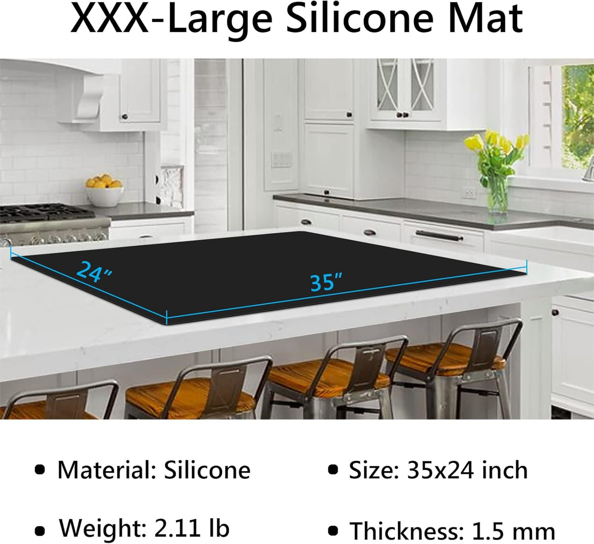 Gartful Silicone Mat for Kitchen Counter, 35" by 24" Extra Large Countertop Protector, 0.06" Thick Multipurpose Mat, Heat-Resistant Placemats, Desk Saver Pad, Table Dish Mat, Nonstick, Nonskid, Black