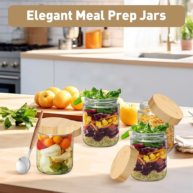 Overnight Oats Containers with Lids,16oz Wide Mouth Glass Mason Jars with Bamboo Lid,Overnight Oats Jars with Spoons,Meal Prep Jar with Airtight Lid for Yogurt,Chia Pudding,Snacks,Salad,Spice 4pack