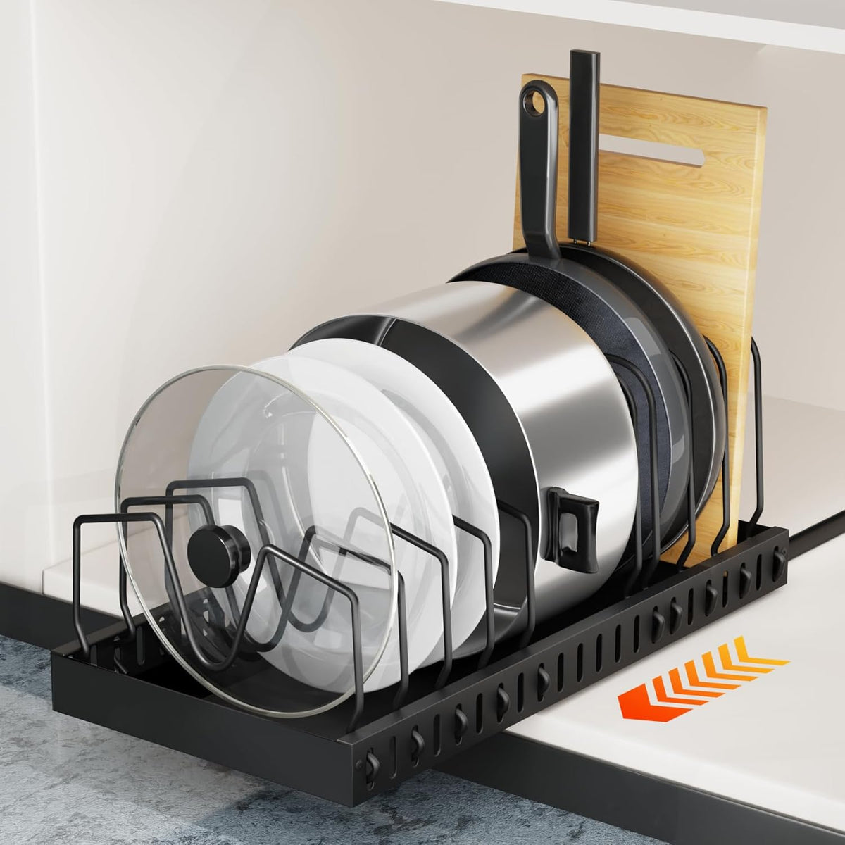 Pots and Pans Organizer for under Cabinet Pull Out Cabinet Organizer Sliding Pot and Pan Organizer in Kitchen, Cabinet Pull Out Shelves, for Pots, Lids and Pan Organizer with Two Types of Shelves