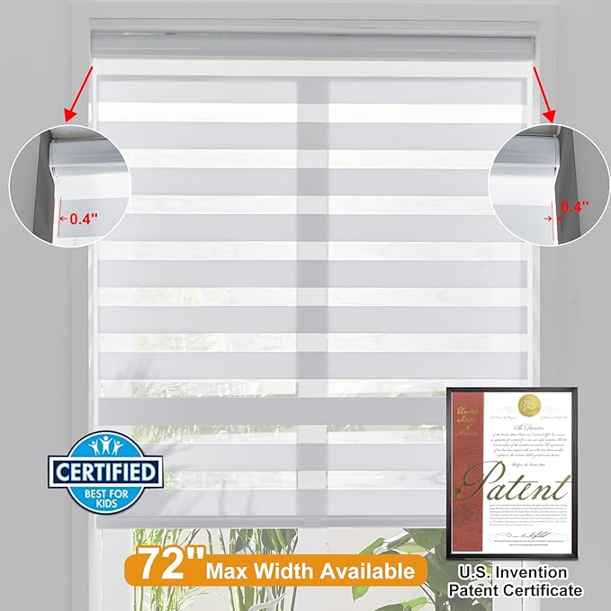 Persilux Cordless Zebra Blinds for Windows Free-Stop Roller Windows Shades (46" W X 64" H, White) Dual Layer Light Control for Day and Night, Light Filtering Sheer Shades for Home, Easy to Install