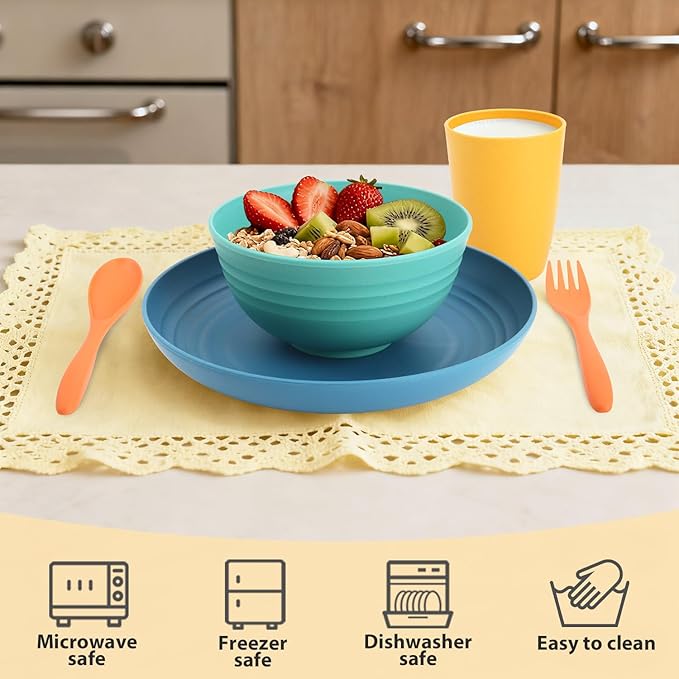 Wheat Straw Dinnerware Sets, 20 PCS Service for 4, Dishwasher & Microwave Safe Kids Plates and Bowls Sets, Unbreakable Lightweight Outdoor Camping Dishes - Multicolor