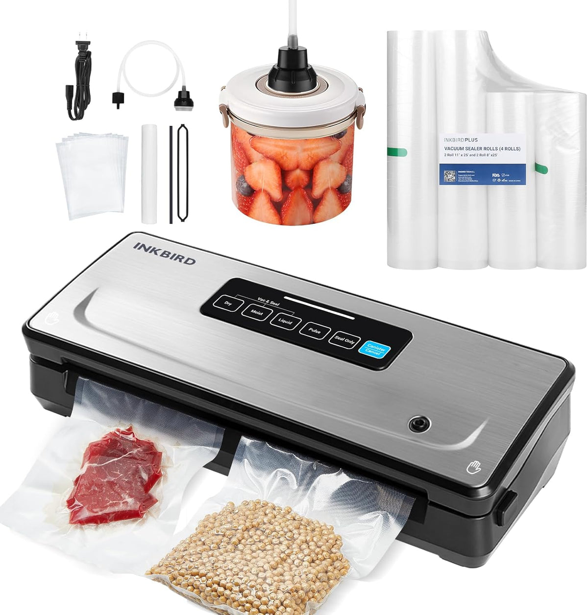 INKBIRD Vacuum Sealer Machine with 5 Vacuum Seal Rolls(Total to 110ft) and 8''*12'' Food Sealer Bags*5, Compact Food Sealer Machine with 10-In-1 Easy Option for Food Preservation,Sous Vide