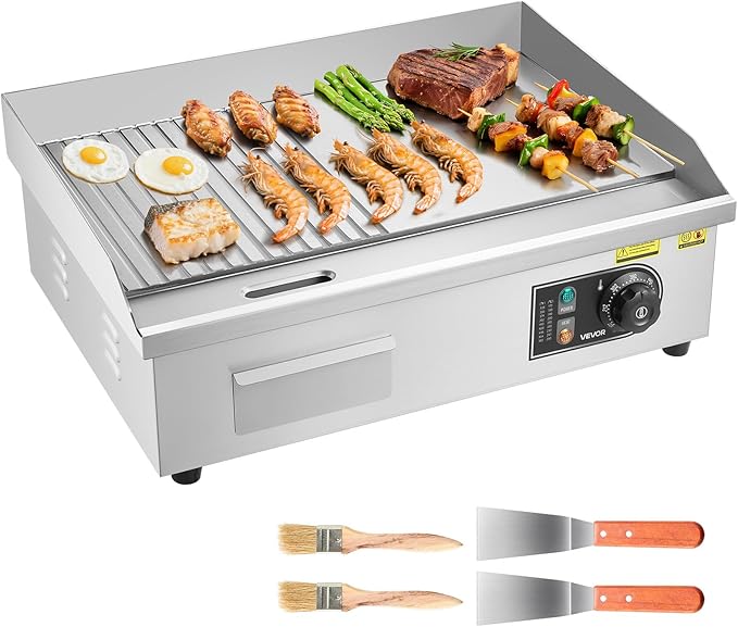 VEVOR Commercial Electric Griddle, 21.06 x 11.81 inch, 1750W, 122-570°F Adjustable Temp Control, Stainless Steel Body, Half Grooved Half Flat, with 2 Spatulas, 2 Brushes, and 4 Foot Pads, for Steak