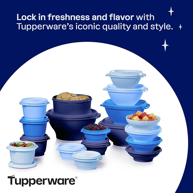 Tupperware Heritage Collection, New 36 Piece Food Storage Container Set in Vintage Blue, Dishwasher Safe and BPA Free (18 containers, 18 lids)