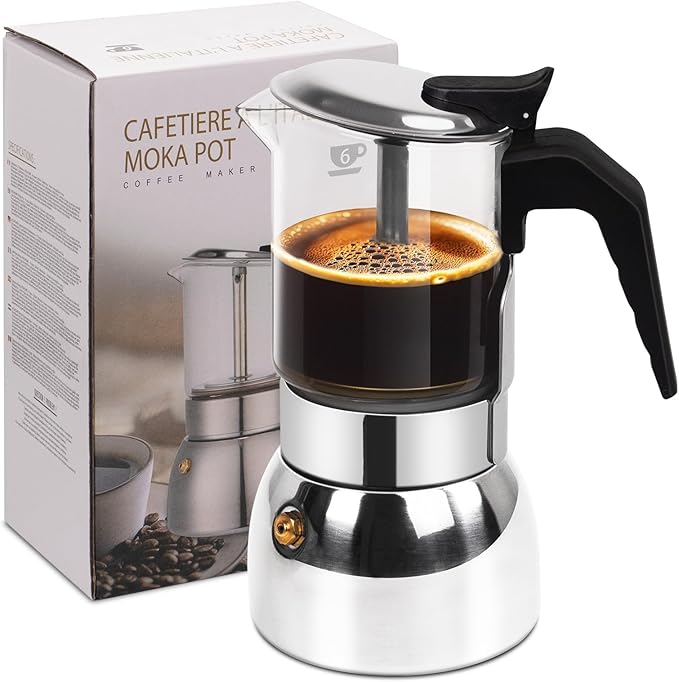 6 Cup Glass Clear Moka Pot Thickened 304 Stainless Steel Stovetop Espresso Maker Italian Coffee Machine 300ml 10.6oz Classic Mocha Cafe Greca Coffee Suitable for Gas Induction