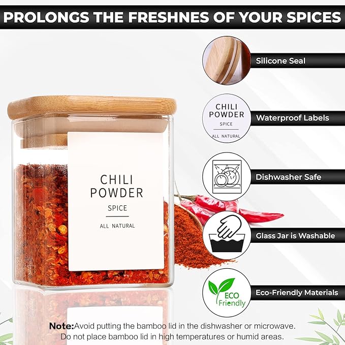 HHMJSM 12 Pcs Square Glass Spice Jars with Natural Bamboo Lids - 5oz Airtight Herb Containers with 148 Waterproof Minimalist Spice Labels Preprinted - Empty Small Seasoning Jars for Kitchen Pantry