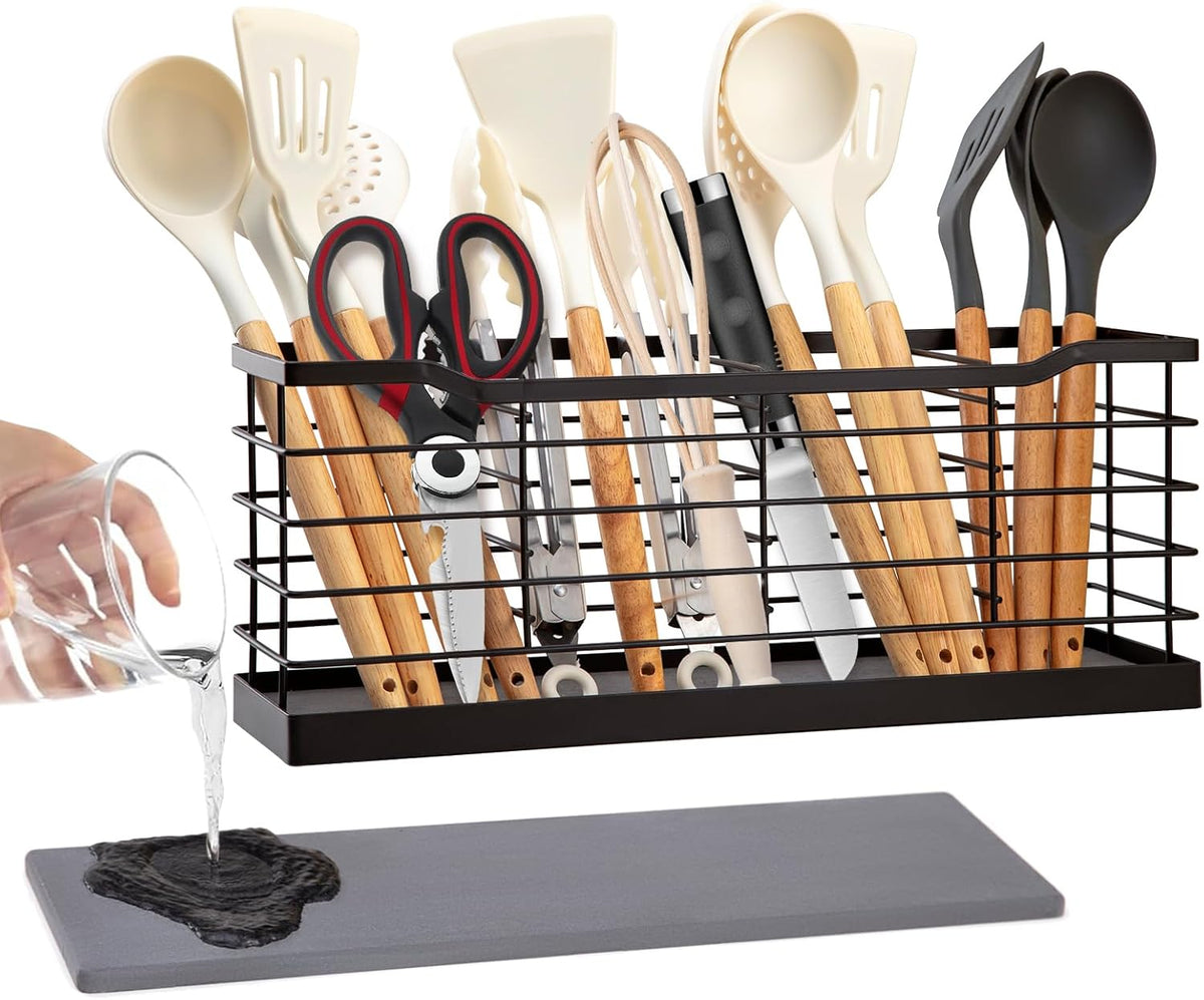 Large Utensil Holder for Kitchen Countertop,Cookware Organizer Dryer with Diatomaceous Earth Base,Cooking Tools Storage for Kitchen Counter,Metal Matte Black(4 Compartments)
