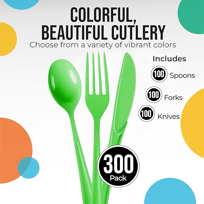 Party Solids Lime Green Plastic Silverware Heavy Duty 300 Pcs Lime Green Plastic Cutlery Sets, Utensil Sets, 100 Of Each Forks, Knives & Spoons Disposable Cutlery Set, Flatware Set For Party Supplies