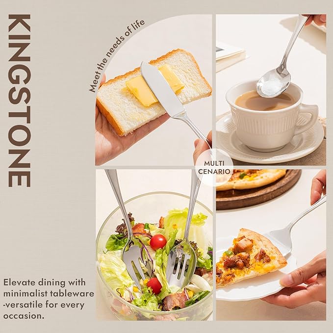KINGSTONE 65 Piece Teardrop Silverware Set With Serving Utensils, 18/10 Stainless Steel Flatware Set, Modern Design Cutlery Set for Home/Hotel/Wedding,Mirror Polished and Dishwasher Safe