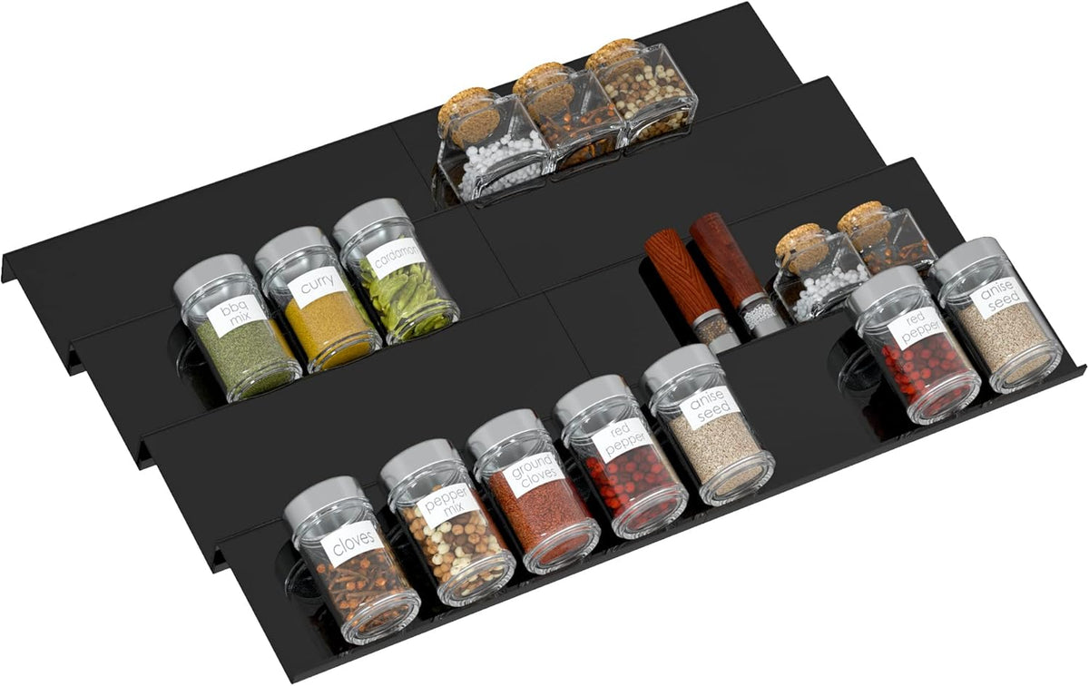 Acrylic Spice Drawer Organizer Rack Adjustable From 12 Inch to 24 Inch Wide, 4 Tier Spice Organizer Shelf for Kitchen Drawer Display, Kitchen Spice Rack Tray for Drawer