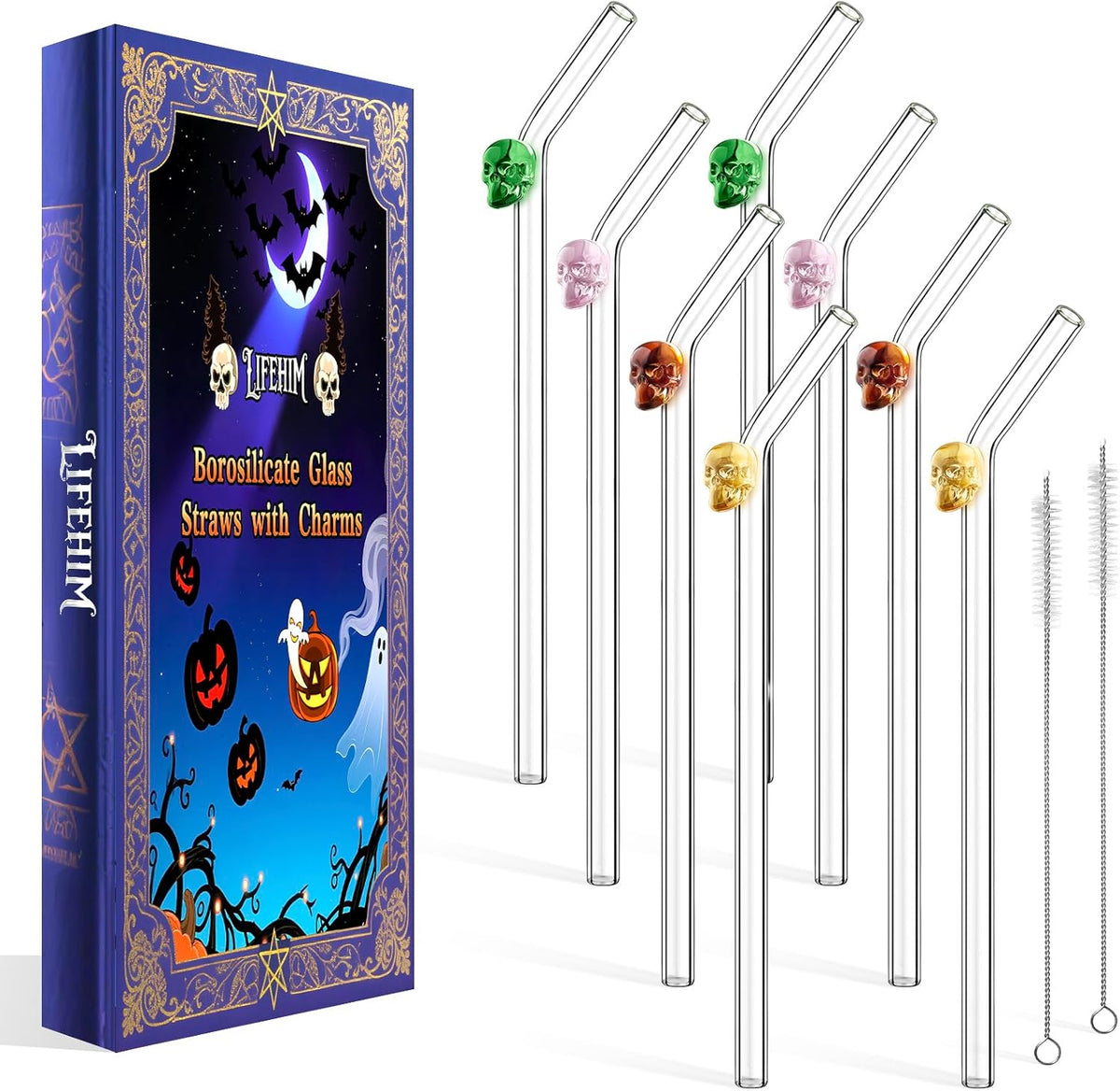 Cute Glass Straws with Charms and Halloween Straws - Reusable Bent Clear Glass Drinking Straws Set with Colored Skull for Silly Crazy Fun Fall Parties & Gift Giving, Include 2 Cleaner Brushes -8mm 9in