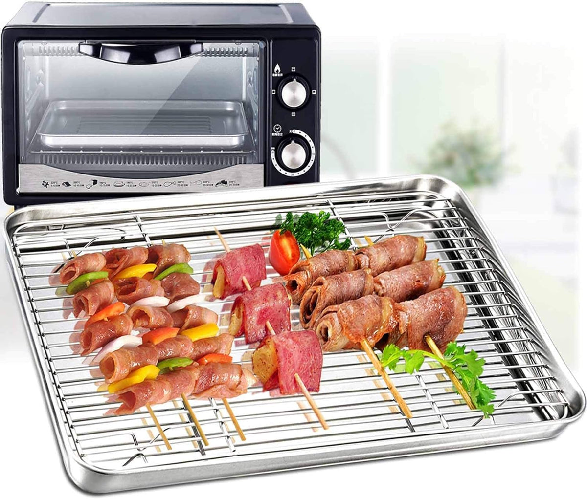 TeamFar Toaster Oven Pan Tray with Cooling Rack, Stainless Steel Toaster Ovenware Pan, Compact 8''x10''x1'', Healthy & Non Toxic, Rust Free & Easy Clean - Dishwasher Safe