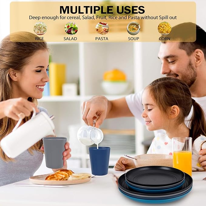 Rubtlamp 16Pcs Plastic Wheat Straw Dinnerware Set, Reusable Plastic Dishes Set for 4, Kitchen Plates And Bowls Set (Deep Four Colors) Include Dinner Plates, Dessert Plates, Cereal Bowls, Cups
