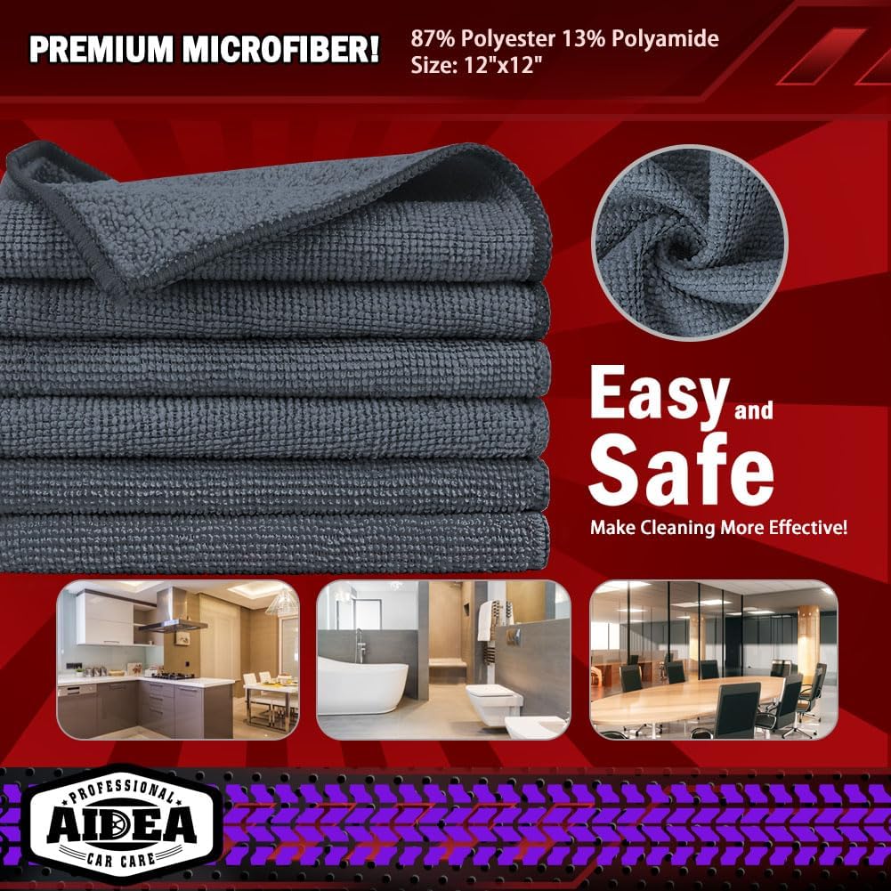 AIDEA Microfiber Cleaning Cloth Grey 50PK, Microfiber Towels for Cars, Premium Car Cloths, Dusting Cloth Lint Free Cleaning Rags for SUVs, House, Kitchen, Window, Workshops,12×12"