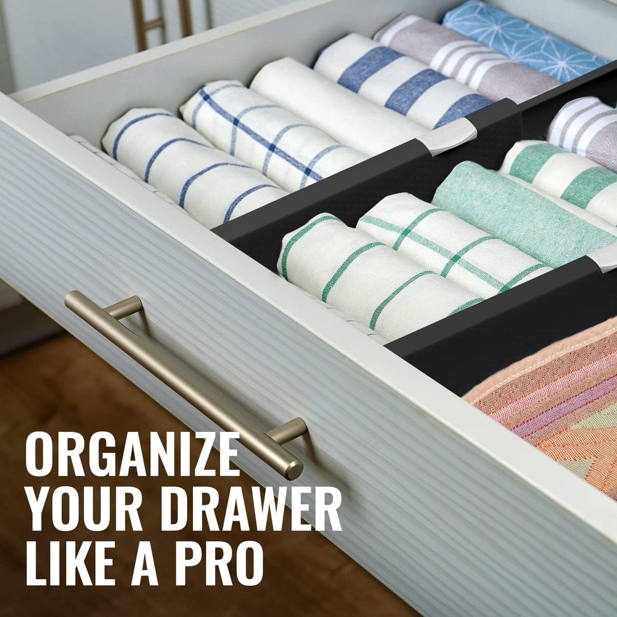 RAPTUROUS Adjustable Drawer Dividers 4 Pack, 4” High, 11-17” Long, Dresser Drawer Organizer for Bedroom, Closet, Kitchen, Nursery, Office, Strong Hold, Soft Foam Edges, Black