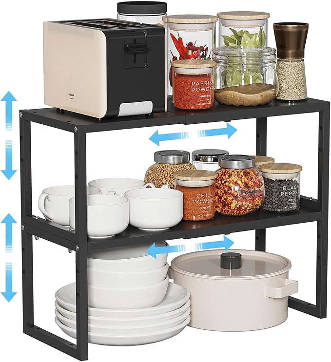 2 Pack Expandable Kitchen Cabinet Shelves Organizer,Heavy Duty Metal Shelving Units and Storage,Stackable Adjustable Kitchen Storage Organization Shelves Rack for Counter Cupboard Pantry,Length:20.5"