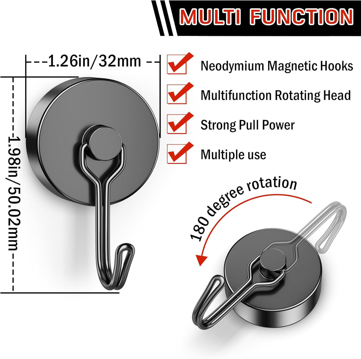 FINDMAG 100 LBS Magnetic Hooks Heavy Duty, 20 Pack Extra Strong Magnetic Hooks for Hanging, Neodymium Magnet with Hook for Cruise Cabins, Large Magnetic Swivel Hooks for Garage, Kitchen, Office, Grill