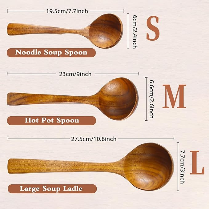 Wooden Spoons for Cooking, 3Pcs Wooden Ladle for Soup, Non-Stick Wooden Spoon, Natural Teak Wood Cooking Spoons, Kitchen Utensils set