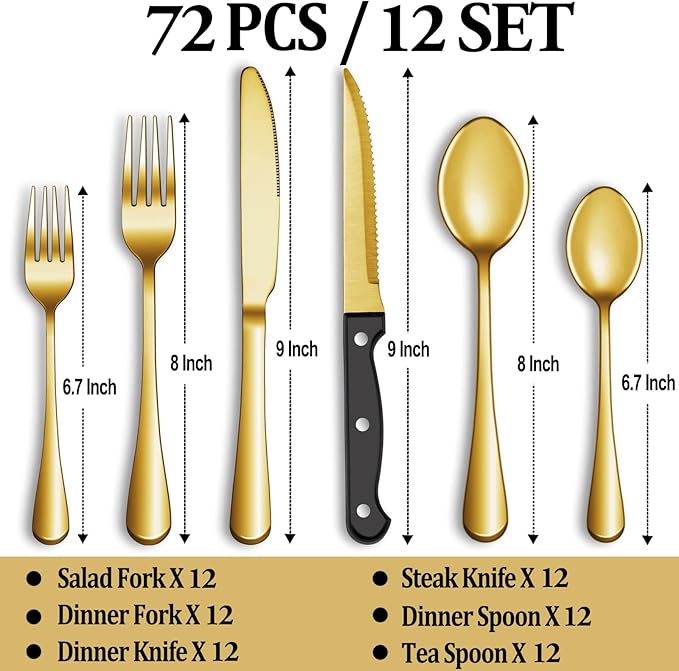 72 Pcs Gold Silverware Set with Steak Knives, Stainless Steel Flatware Cutlery Set Service for 12, Kitchen Tableware Set, Utensil Set for Home and Restaurant, Knives Forks Spoon Set, Dishwasher Safe