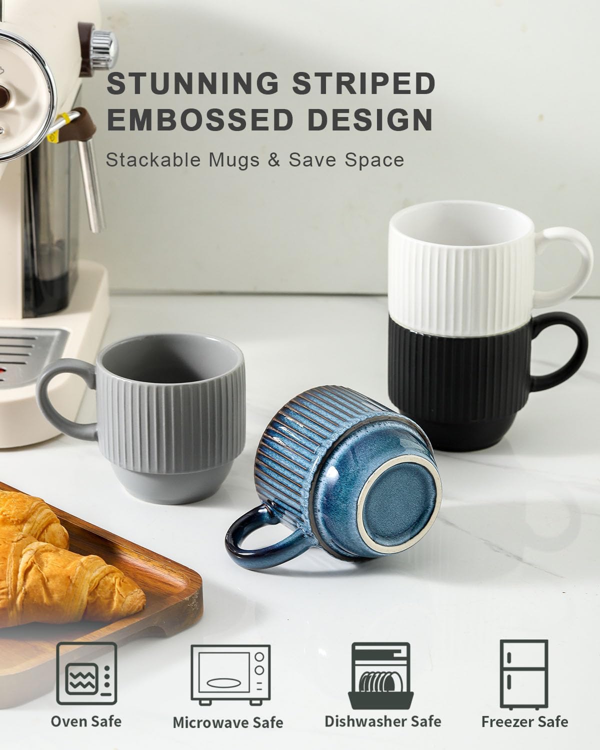 Hasense Ceramic Coffee Mug Set of 4 with Rack - 12 oz Stackable Coffee Cups Ceramic - Modern Ribbed Latte Cup Sets for Cappuccino, Tea, Hot Cocoa, Drinks - Wedding & Housewarming Gifts Multi Colors