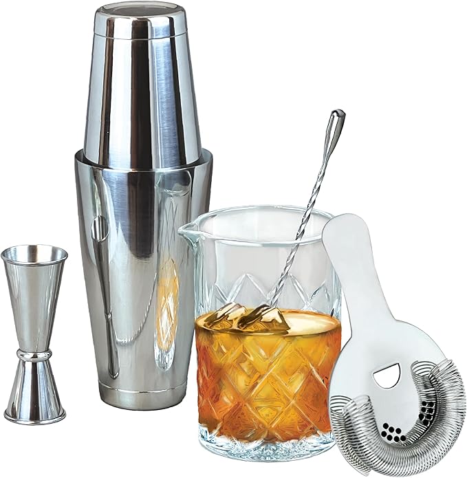 Lily's Home 6-Piece Boston Cocktail Shaker Set: Boston Shaker Cocktail Set,Mixing Glass, Mixing Spoon,Dual Sided Jigger and Stainer,for Home Mixology,Cocktail Lovers & Beginner