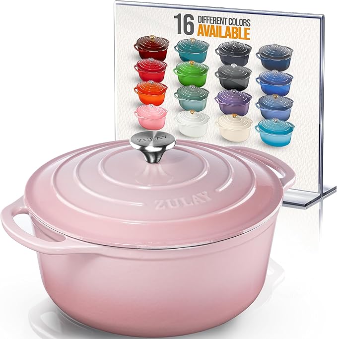 Zulay Kitchen 6 Quart Enameled Cast Iron Dutch Oven Pot with Lid – Premium Durability & Oven Safe up to 500°F – Heavy Duty Cookware Perfect for Bread Baking, Stews, Braising & Roasting - Pink
