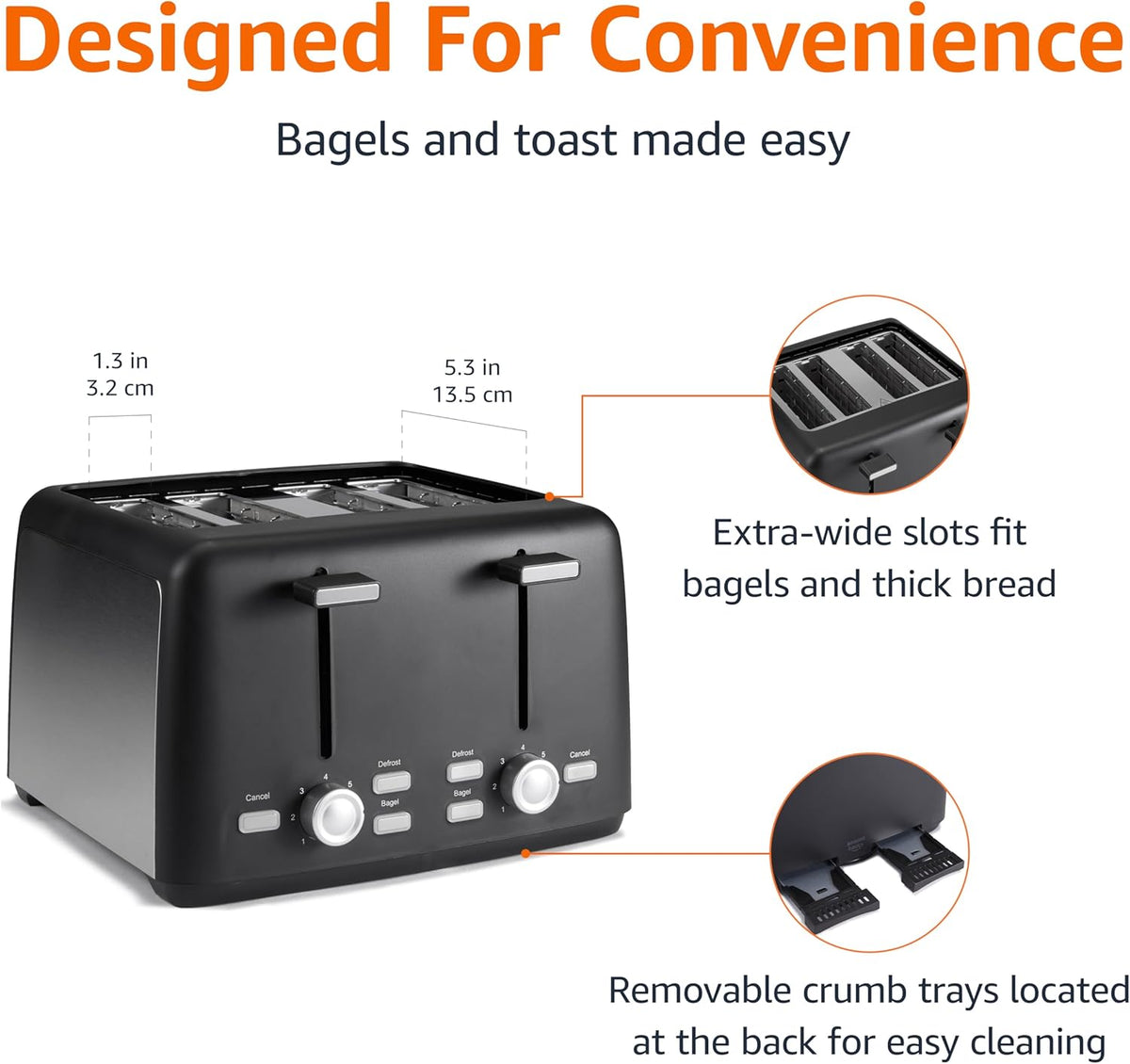 Amazon Basics 4 Slice Toaster, With 7 Browning Settings, Extra Wide Slots For Bagels and Special Breads, Removable Easy-to-Clean Crumb Trays, Cancel/Defrost/Bagel Buttons, 1500W, Black & Silver