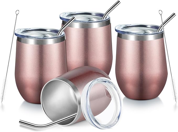 COMOOO Rose Gold Wine Tumbler 12oz Insulated Wine Cup 4 Pack with Lid and Straw Stainless Steel Wine Glass Tumbler Coffee, Wine, Champagne, Cocktails, Rose Gold