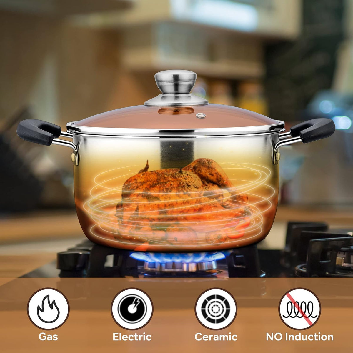 LIANYU 3QT Stainless Steel Stock Pot, Cooking Soup Pot with Lid, Heavy Duty Pasta Stockpot for Strew Simmer Boiling, Heat-proof Handle, Dishwasher Safe