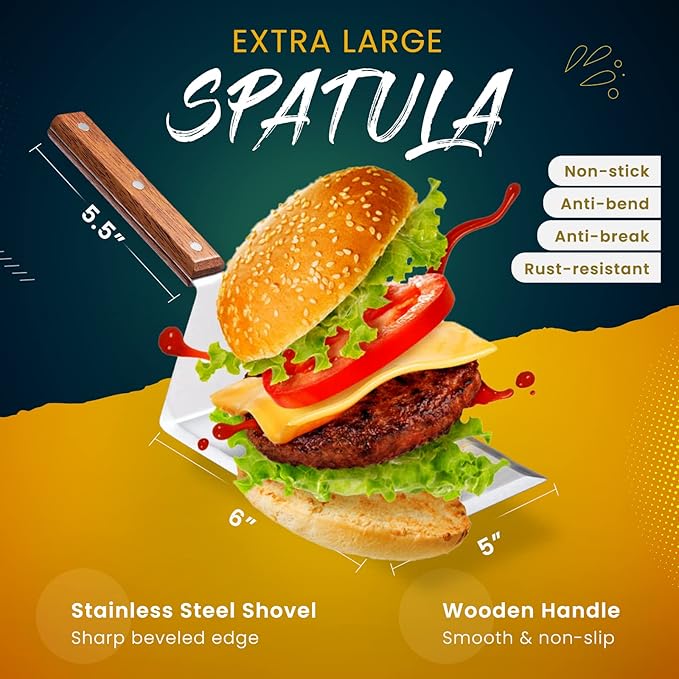Extra Wide Spatula with Beveled Edges, Oversized Stainless-Steel Spatula with Wood Handle for Skillets, Griddles & Pancake Flipper for Burgers, Omelet, and Versatile for Culinary Task, 6 x 5-inches