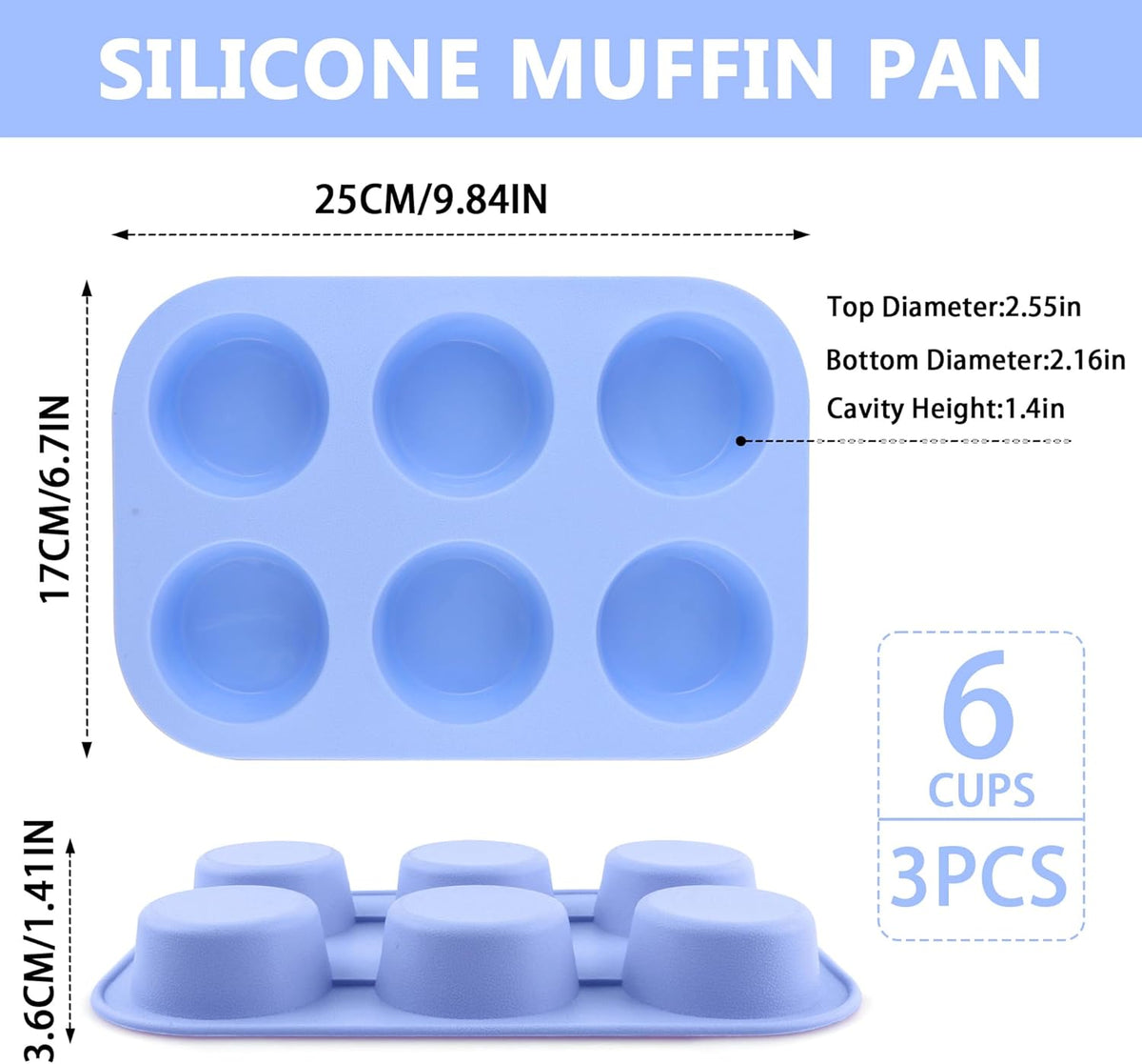 3-Pack 6-Cup Silicone Muffin Pans, Nonstick Cupcake Baking Molds, BPA/PFA-Free, Dishwasher & Oven Safe - Blue