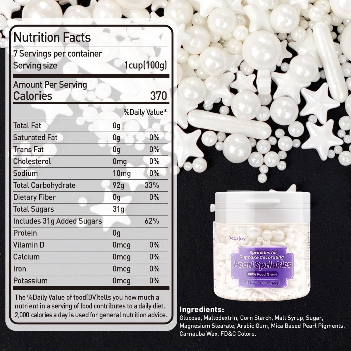 White Pearl Star Rods Sprinkles, Edible Pearls Sugar, 130g/4.58oz, White Sprinkles for Cupcake Decorating, Cupcake Toppers, Cake Decorations