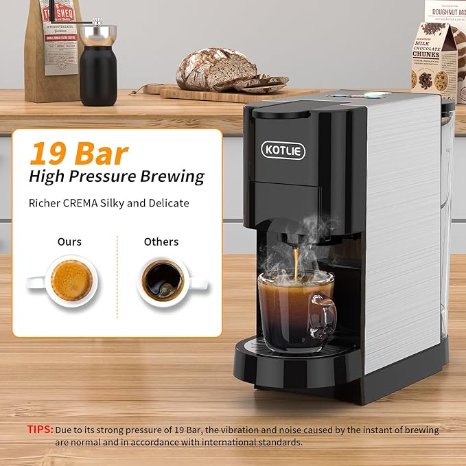 KOTLIE 19Bar Pressure Single Serve Coffee Maker, Multifunctional 5in1 Coffee Machine for NES* Original/Dolce Gusto/K cup/Ground Coffee/illy 44mm ESE, Cold&Hot Brew, Level 7 watervolume (AC-513HF)