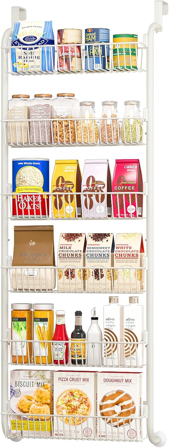 MIAOLI Over the Door Pantry Organizers and Storage, 6-Tier Spice Rack, Home & Kitchen Storage Shelves for Cabinet, Large Capacity Hanging Seasoning Organizer, Laundry Room Organization, White