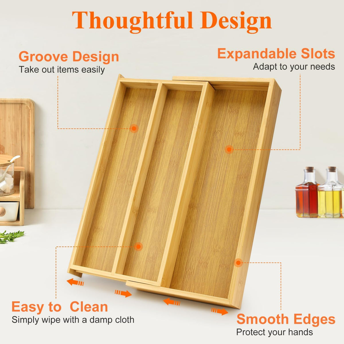 Large Bamboo Silverware Drawer Organizer Tray Kitchen Tool Drawer Divider Organizers Storage Expandable Cooking Utensil Organizer Wooden Cutlery Tray Spoon Flatware Organizers Utensil Holder Drawers