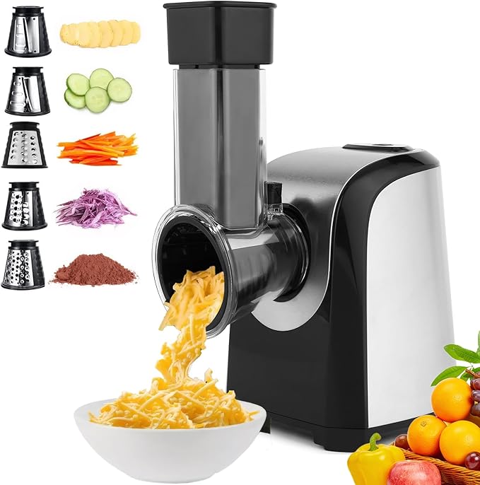Homdox Electric Cheese Grater 5 in 1 Professional Electric Slicer Shredder 150W Cheese Grater One-Touch Control Salad Maker for Home Kitchen Use, Electric Salad Machine for Cheese, Fruits, Vegetables