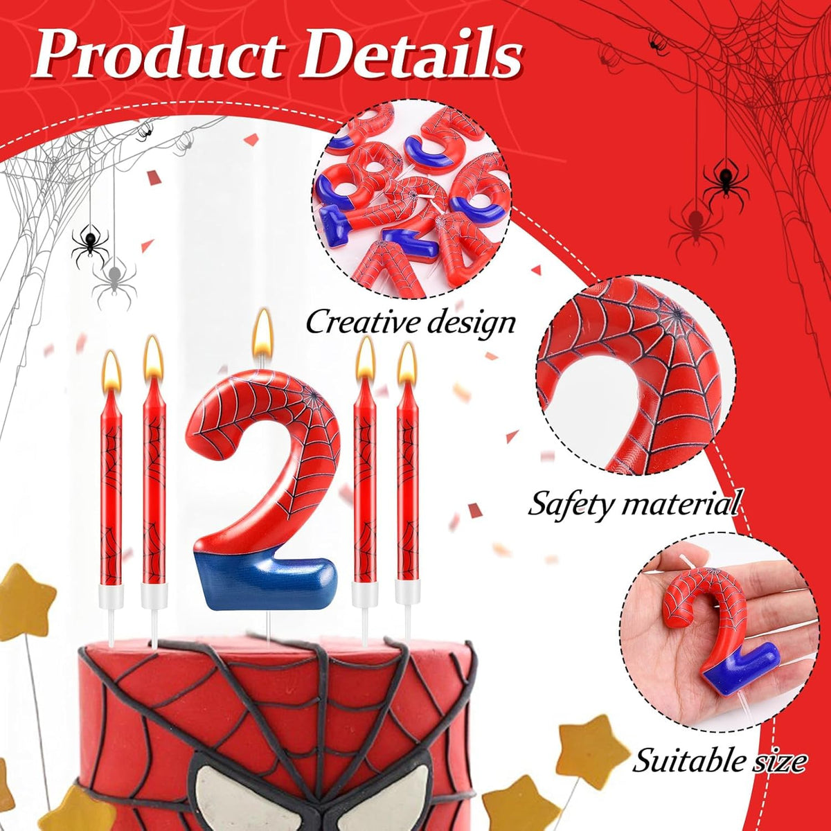 13 Pcs Spider Themed Birthday Candle Set Red Spider Theme Number 2 Candle Cake Topper for Boys Girls Birthday Decoration Spider Party Decoration Supplies (Number 2)