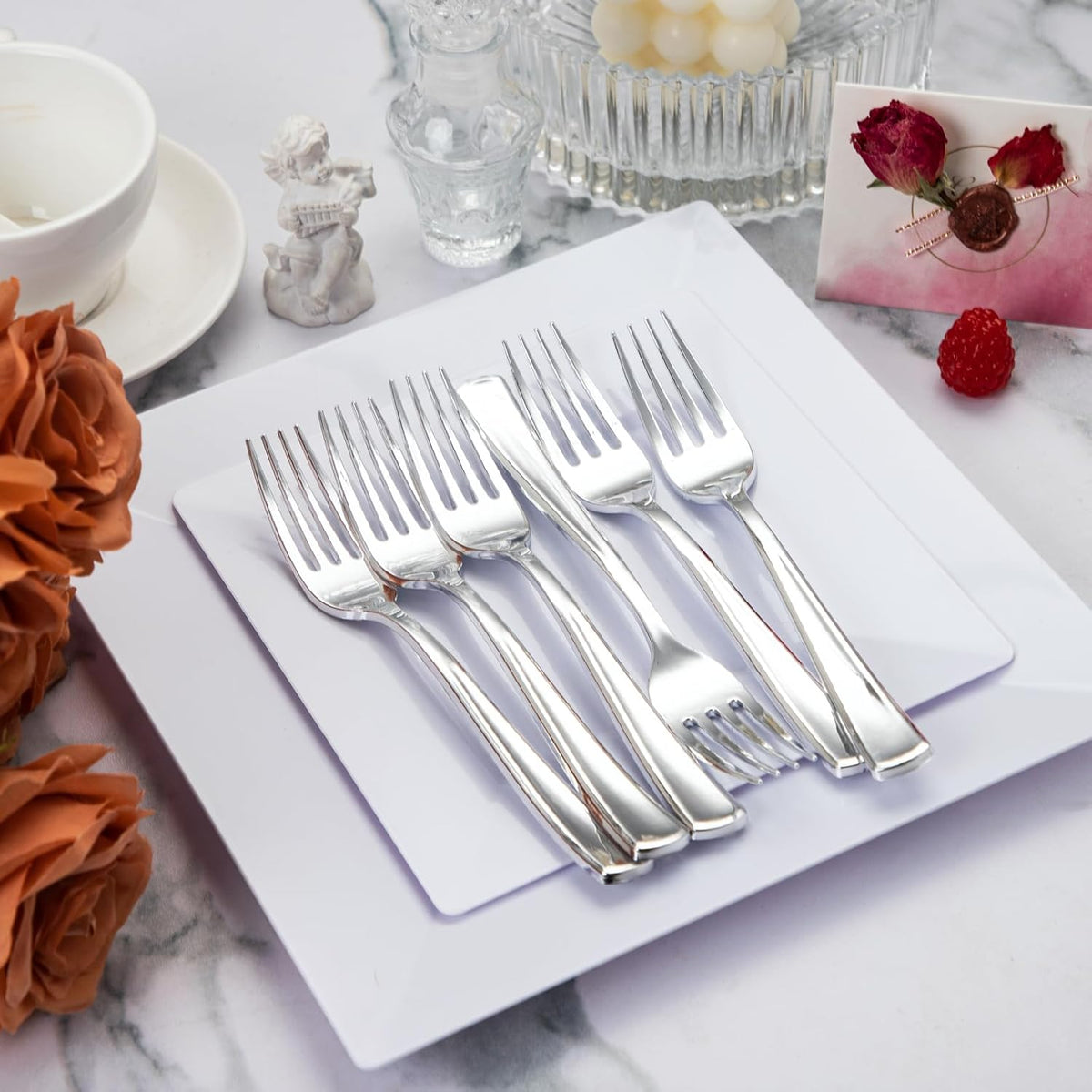Liacere 200Pcs Silver Plastic Cutlery-Silver Plastic Silverware- Disposable Plastic Silverware - 100 Silver Forks, 50 Silver Spoons, 50 Silver Knives Perfect for Wedding＆Valentine's Day
