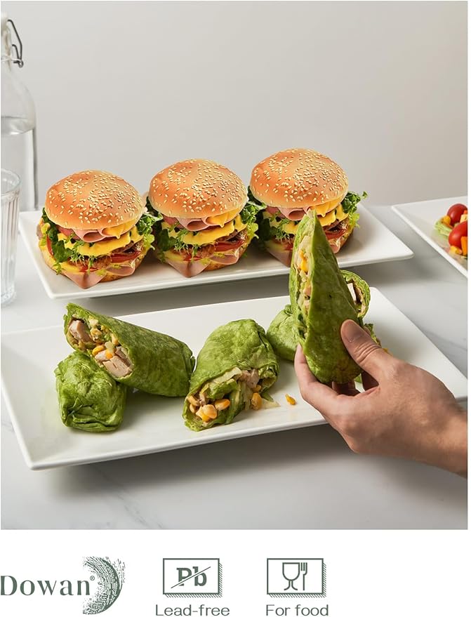 DOWAN 14" Serving Trays, Serving Platters, Ceramic Serving Platters and Trays, Rectangle Plates, Set of 4, for Weddings, Parties, Oven, Microwave, Dishwasher, Heat Resistant, Easy to Clean, White