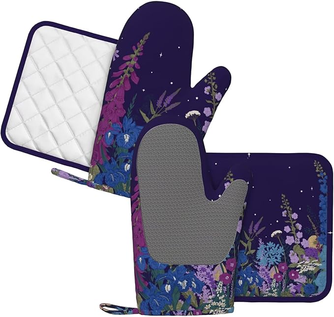 Wildflowers Florals Oven Mitts Pot Holders Set Silicone Heat Resistant Wildflowers Oven Mitts and Hot Pads Florals Potholders Non-Slip Oven Gloves for Cooking Baking Grilling BBQ