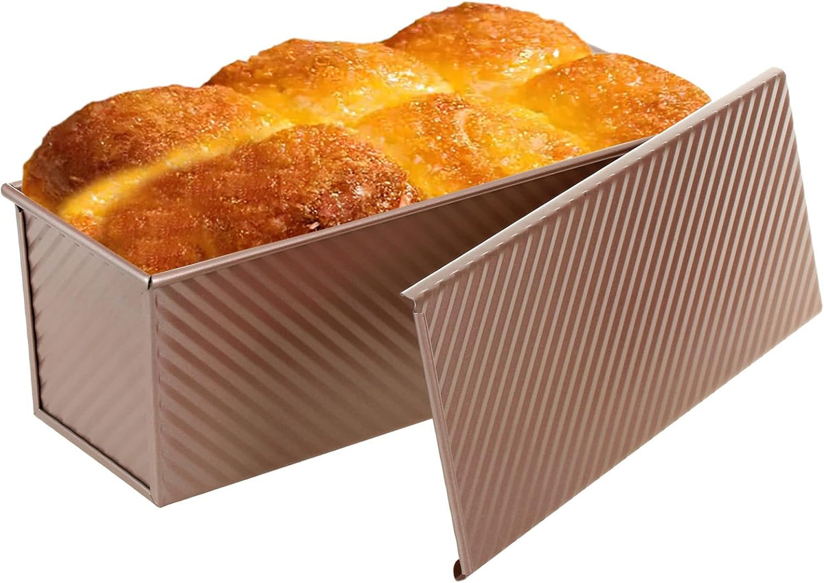Non-Stick Pullman Loaf Pan with Lid 13x4 Inch - 2.2lb Carbon Steel Bread Baking Pan with 4 Vent Holes, Heavy Duty Sourdough Loaf Pan with Cover for Homemade Sandwich Bread (Gold)