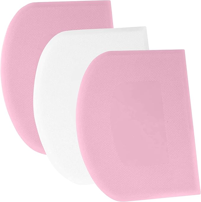 SURDOCA Dough Scraper Bench Scraper - 3P 8.3x5.5" Plastic Flexible Bowl Scraper, Sharp Edge & Angles Cake Scraper. Non-Slip Bakeware Decorating Tools Sculpting & Modeling Tools - Pink+White+Pink