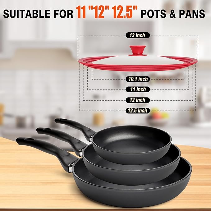 Universal Lids for Pots, Pans and Skillets, Replacement Pan Lid with Tempered Glass and Heat-Resistant Silicone Edge, Fits 11", 12",12.5" Cookware, Durable Frying Pan Cover