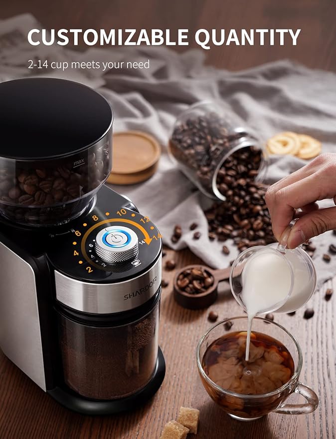 SHARDOR Burr Coffee Bean Grinder Electric, Adjustable Burr Mill with 16 Precise Grind Setting for 2-14 Cup, Silver