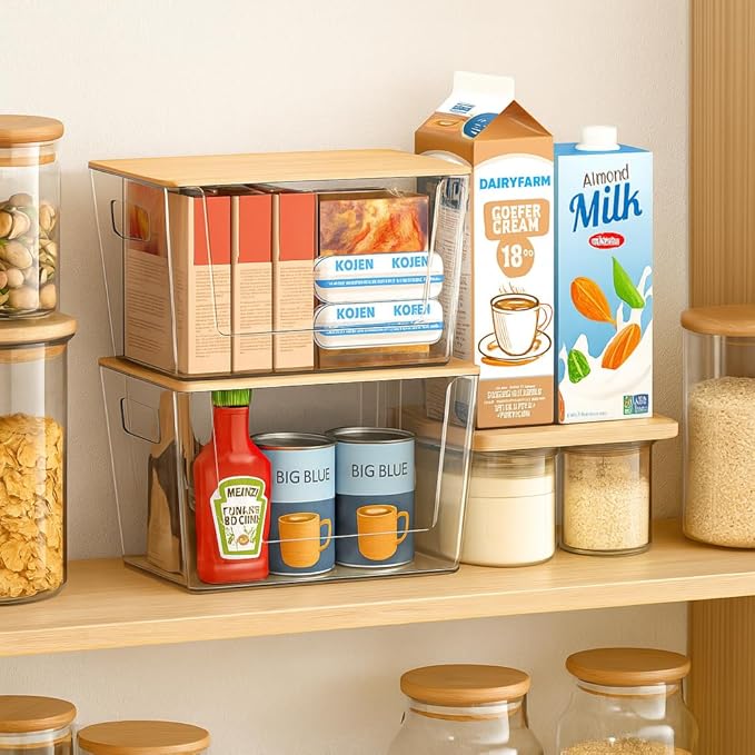 6 Pack Clear Stackable Storage Bins with Bamboo Lids, Trash Bag Holder Dispenser Under Sink Organizer for 4-13 Gal Bags, Plastic Storage Containers for Pantry Bathroom Kitchen Organization