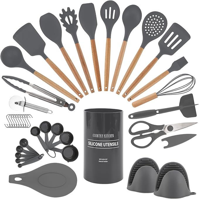 Country Kitchen Non Stick Silicone Utensil Set with Rounded Wood Handles for Cooking and Baking, 38 Piece Set, Gray
