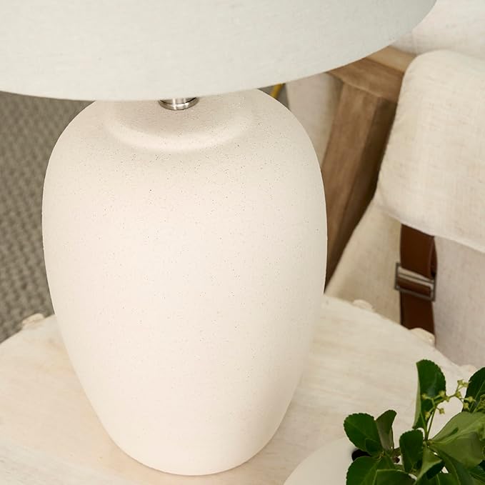 Nourison Home 23" Natural White Ceramic Jar Table Lamp for Bedroom, Living Room, Dining Office, with Off-White Shade