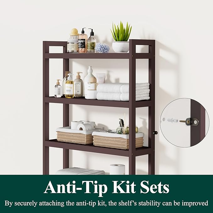 Smiry Over The Toilet Storage Cabinet, 4-Tier Bamboo Bathroom Organizers with Adjustable Shelf & 4 Hooks, Space Saving Shelf Rack for Bathrooms, Laundry Room, Balcony, Brown