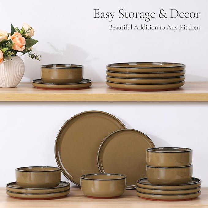 E-far Stoneware Dinnerware Sets for 4, 12 Pieces Reactive Glaze Plates and Bowls Sets, Elegant Dishes with Rustic Terracotta Base, Dishwasher & Microwave Safe, Scratch Resistant, Deep Camel